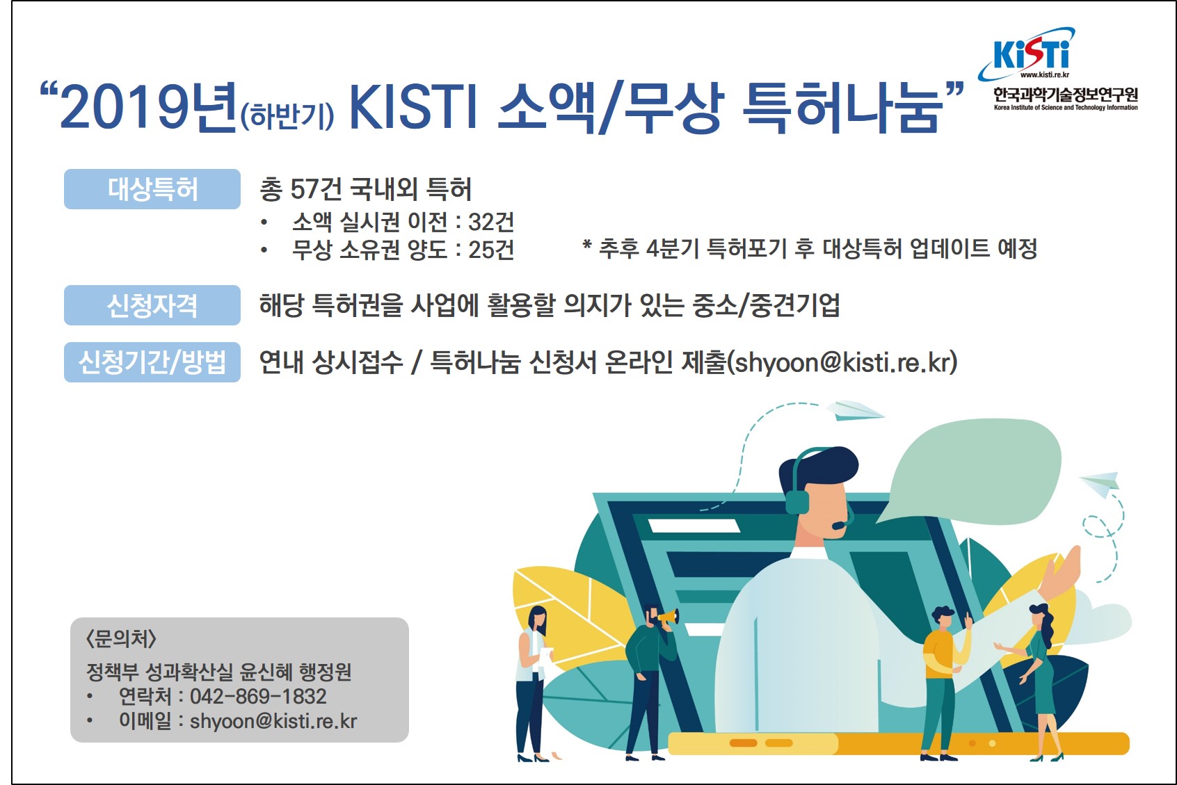 2019년(하반기) KISTI 소액/무상 특허나눔 안내. 자세한 내용은 본문 참조