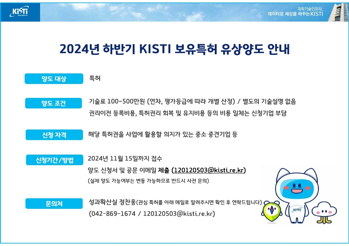 2024년 하반기 KISTI 보유특허 유상양도 안내